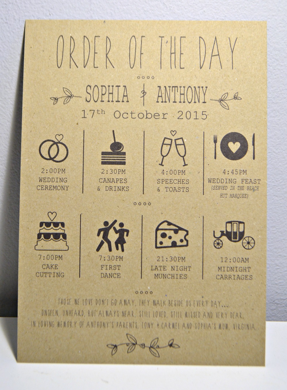 Rustic brown kraft card order of day symbols timeline by grace and bramble 1