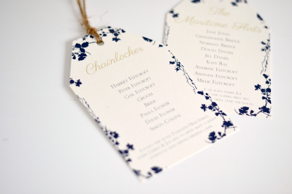 dansfield leaf navy gold and cream wedding table plan luggage tags with twine