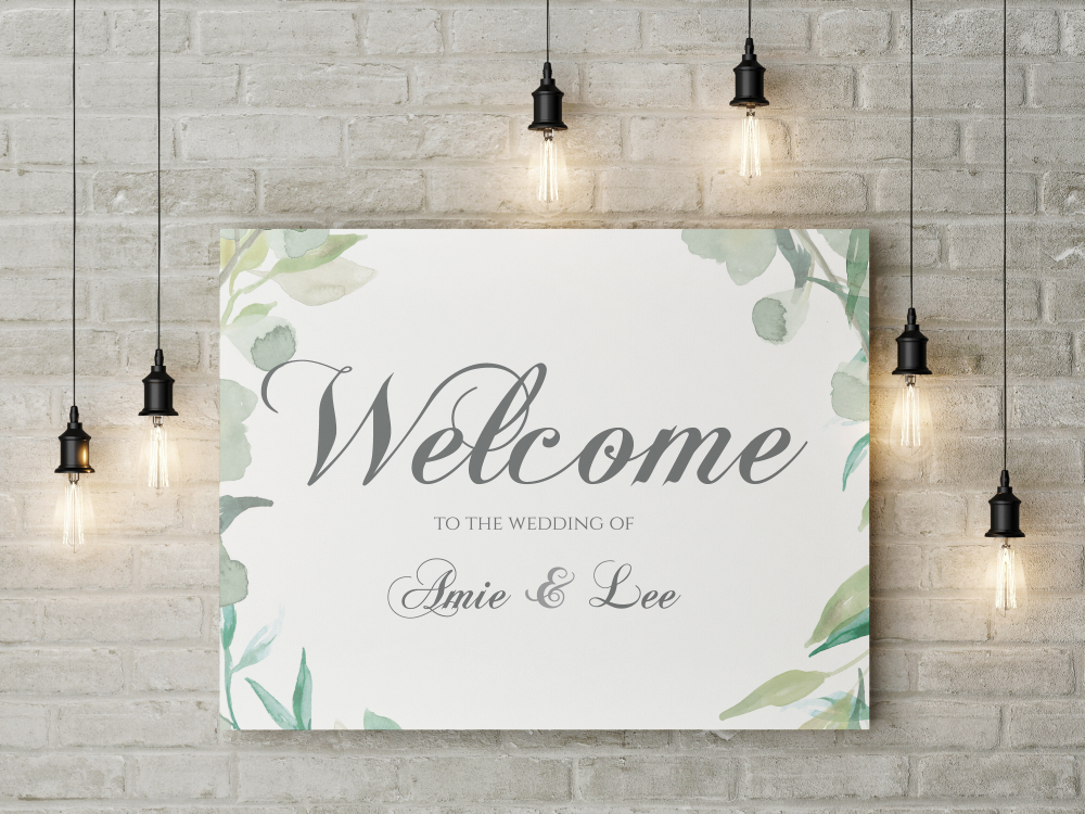Wedding Sign Poster Print Grey Watercolour Lights Welcome Order Of The Day