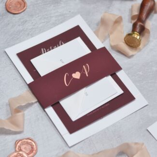 burgundy red and rose gold foiled wedding invitations