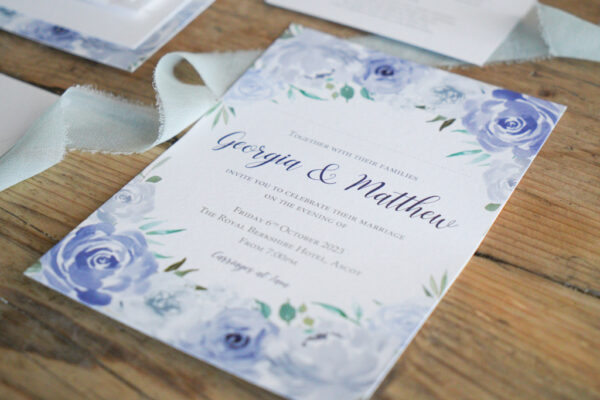 Dusty blue rose garden invitation wedding stationery