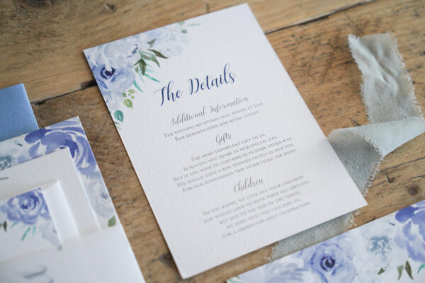 Dusty blue rose garden invitation wedding stationery