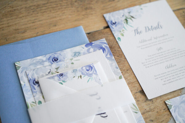 Dusty blue rose garden invitation wedding stationery