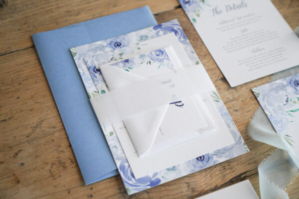 Dusty blue rose garden invitation wedding stationery