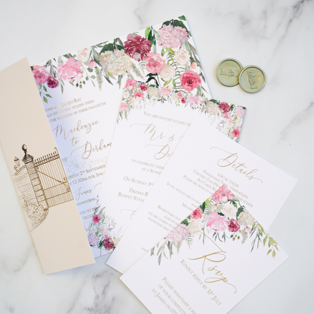 Floral invitation suite with invitation details card and rsvp with gatefold invitation with gold foiled bespoke drawing of a gate