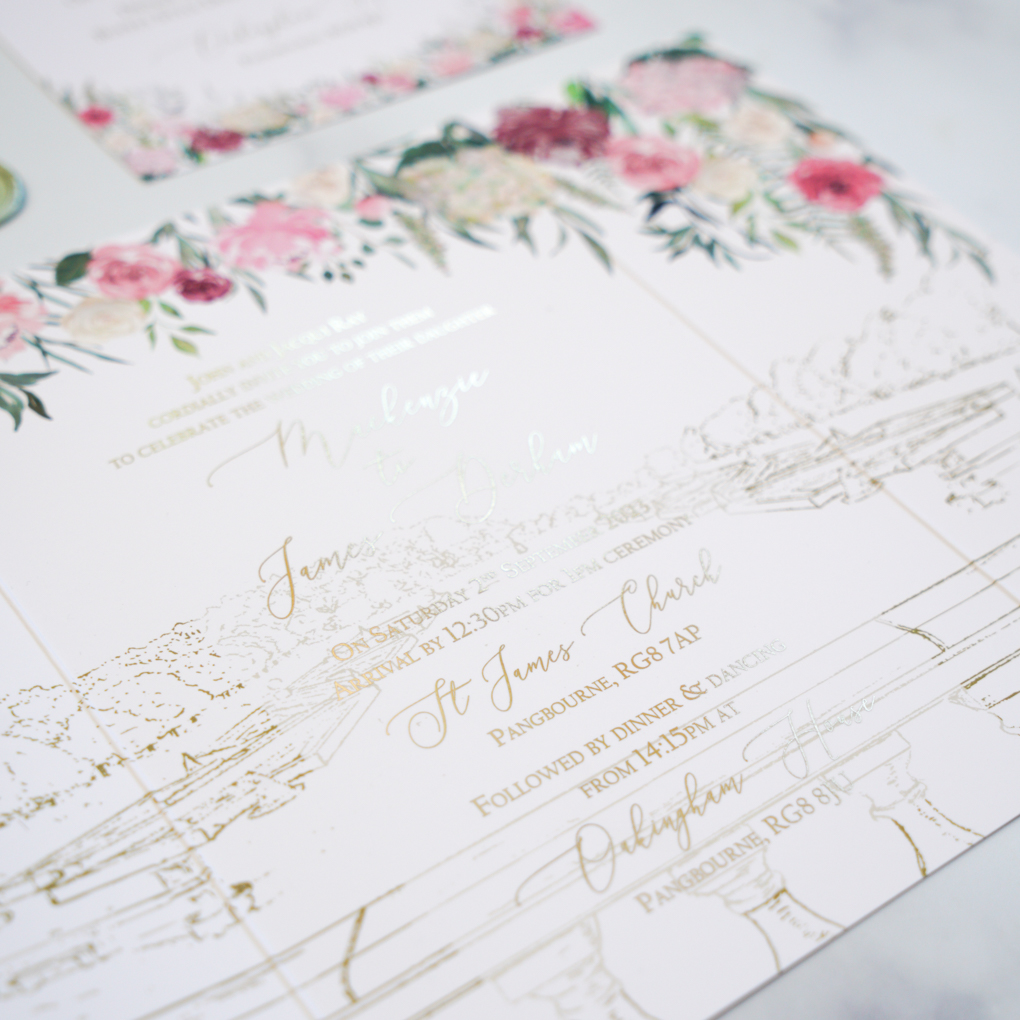 Gold foiled invitation with floral design