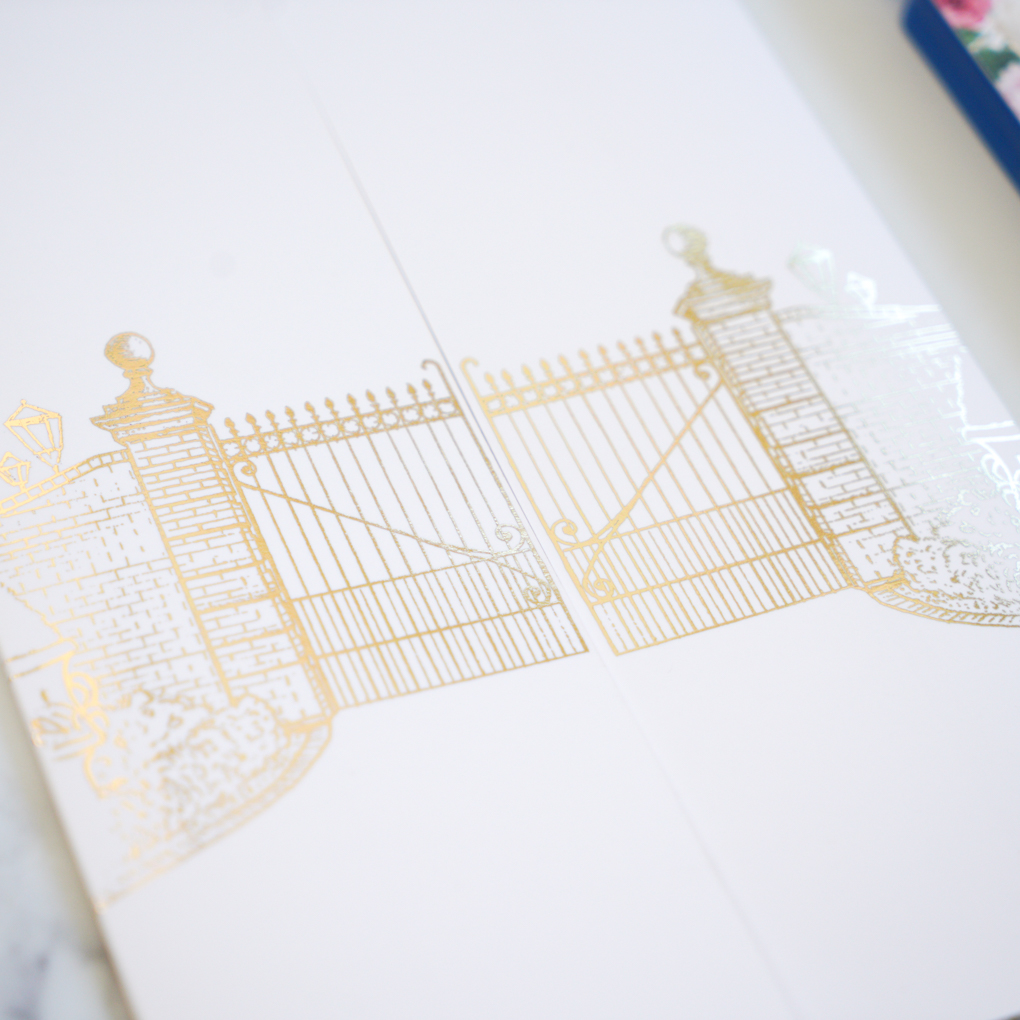 Bespoke drawing of gates in gold foiling