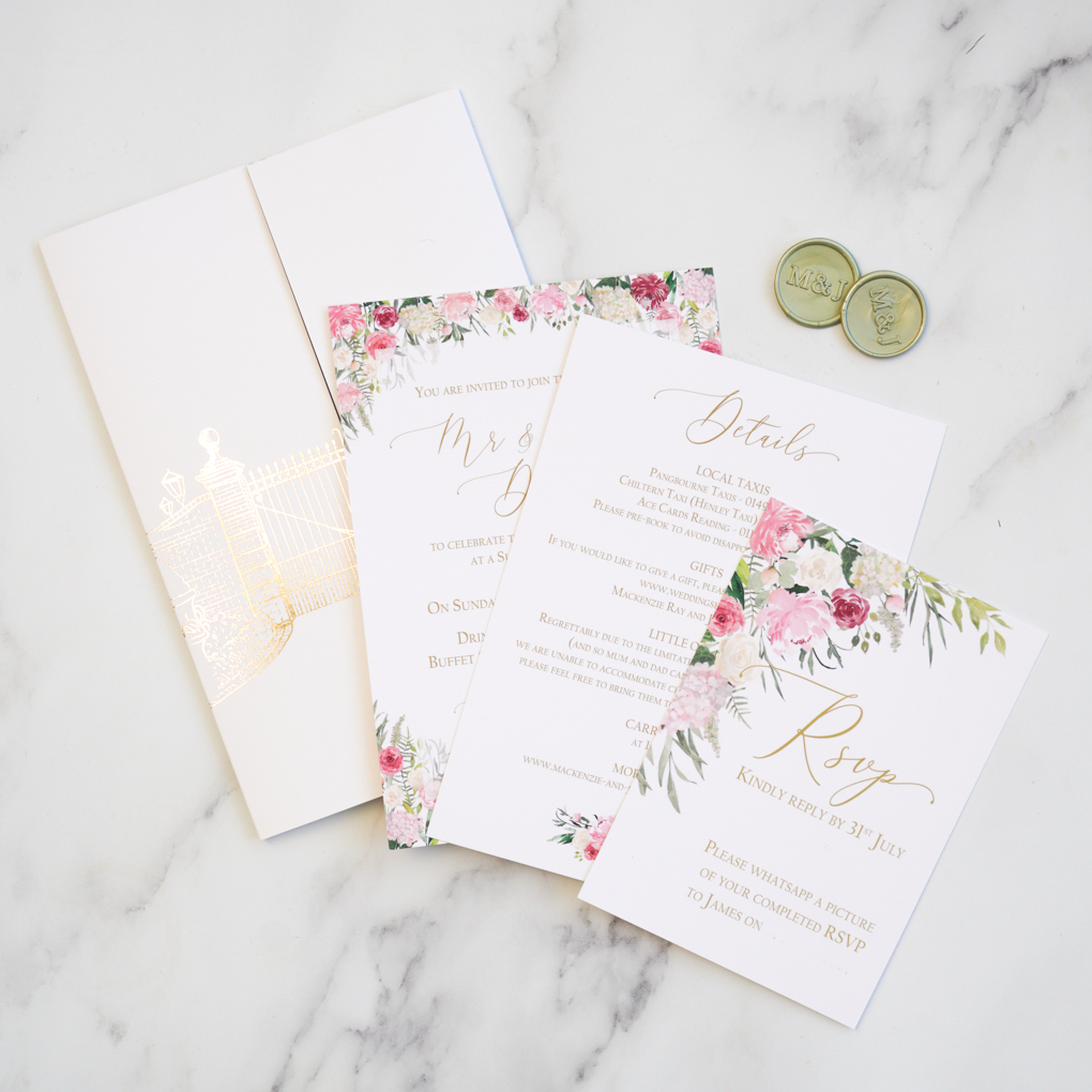 Floral invitation suite with invitation details card and rsvp with gatefold invitation with gold foiled bespoke drawing of a gate